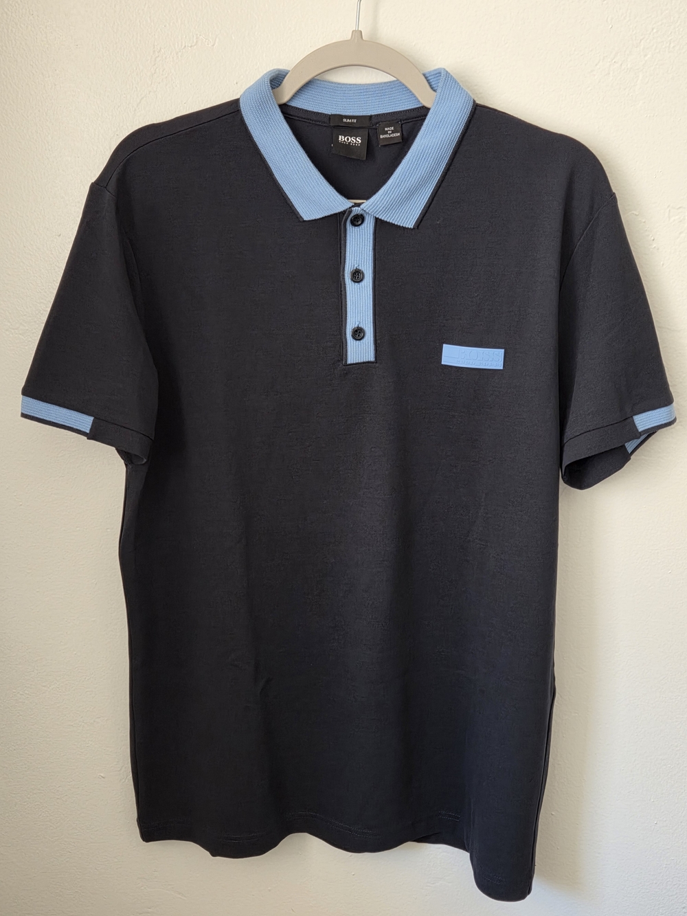 BOSS Men's Black Polo with Light Blue Trim